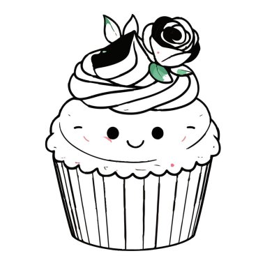 Krem şantili tatlı kawaii kekinin vektör sanatı ve üstünde beyaz arka planda izole edilmiş bir gül.