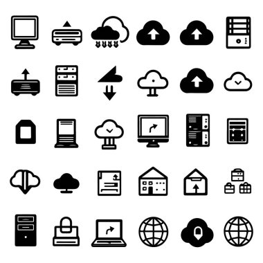 Bulut bilgisayar, sunucu, bilgisayar ve ağ bağlantılarını tasvir eden kapsamlı bir teknoloji simgeleri kümesinin vektör sanatı