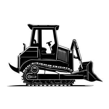 Beyaz zemin üzerinde izole edilmiş, inşaata hazır siyah bir buldozerin yan görünüm vektör sanatı