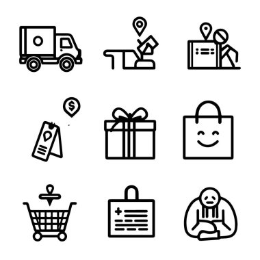 Beyaz arkaplanda izole edilmiş dokuz basit siyah çizgi simgesinden oluşan bir koleksiyonun vektör sanatı, ekommerce kavramlarını betimliyor