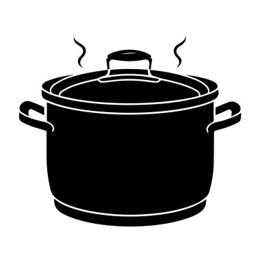 Siyah metal tencerenin vektör sanatı. Kapağı ve sapı var. Dumanı tüten sıcak, beyaz arka planda izole.