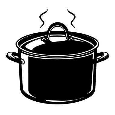 Siyah metal tencerenin vektör sanatı. Kapağı ve sapı var. Dumanı tüten sıcak, beyaz arka planda izole.