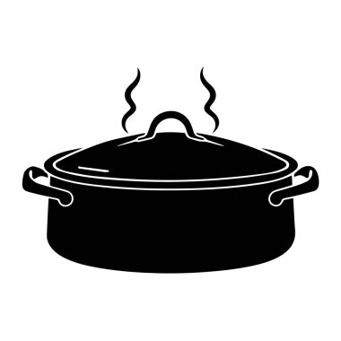 Siyah metal oval tencerenin vektör sanatı. Kapağı ve sapı var. Dumanı tüten sıcak, beyaz arka planda izole.