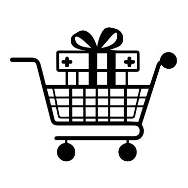 Beyaz arka planda izole edilmiş hediye kutusu olan bir alışveriş arabasının siyah beyaz vektör simgesi.
