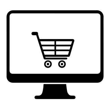 Beyaz arkaplanda izole bir bilgisayar ekranında gösterilen bir alışveriş arabasının siyah beyaz vektör simgesinin vektör sanatı