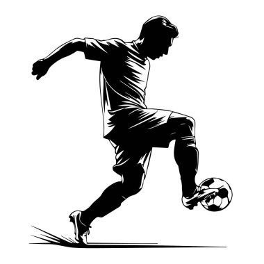 Bir futbolcunun siyah siluetinin vektör sanatı beyaz arka planda topu sürüyor.