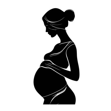 Hamile bir kadın siluetinin taşıyıcı sanatı beyaz arka planda izole edilir, güzel ve huzurlu bir annelik anı sergiler.