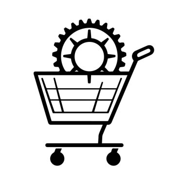 Üstü teçhizatlı bir alışveriş arabasının vektör sanatı, dış ticaret ve iş süreçlerini sembolize eden beyaz arka planda izole edilmiştir.