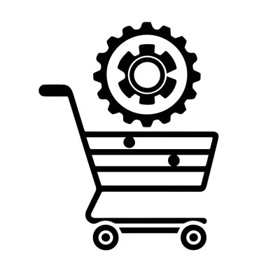 Üstü teçhizatlı bir alışveriş arabasının vektör sanatı, çevrimiçi iş ve teknolojiyi temsil eden beyaz arka planda izole edilmiştir.