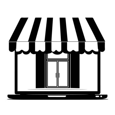 Basit bir dizüstü bilgisayar grafiği vektör sanatı çift kapılı bir mağaza önü ve beyaz arka planda izole edilmiş çizgili bir tente gösteriyor.