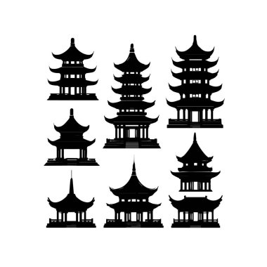 Beyaz arka planda izole edilmiş sekiz farklı siluet pagoda koleksiyonunun vektör sanatı