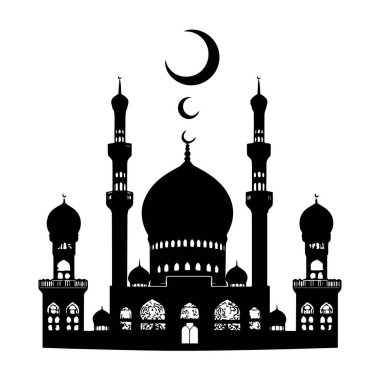 Beyaz arka planda hilal uyduları olan bir caminin ayrıntılı siyah beyaz vektör çizimi.