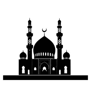 Beyaz arka planda izole edilmiş, iki uzun minaresi ve merkezi kubbesi olan, İslami mimariyi ve inancı temsil eden siyah bir cami silueti.