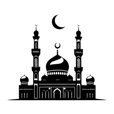 Beyaz arka planda hilal uyduları olan bir caminin ayrıntılı siyah beyaz vektör çizimi.
