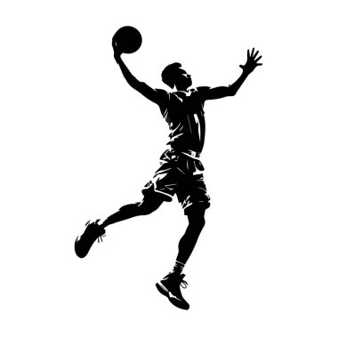 Beyaz arka planda izole edilmiş, güçlü bir smaç için havada süzülen bir basketbolcunun dinamik silüetinin vektör sanatı