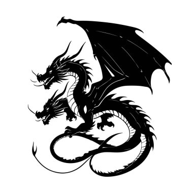 Üç başlı bir ejderha siluetinin vektör sanatı, beyaz arka planda izole, geniş kanatları var, gücü ve mitolojiyi simgeliyor.