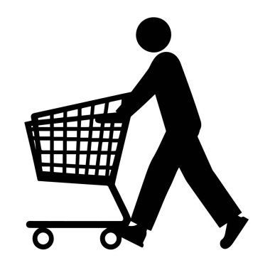 Beyaz arka planda izole edilmiş alışveriş arabasıyla yürüyen bir adamın vektör sanatı