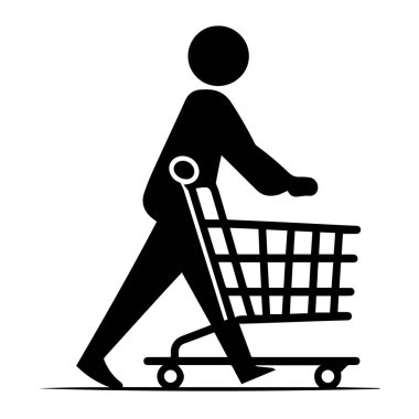 Bir kişinin vektör sanatı beyaz arka planda izole edilmiş bir alışveriş arabasını itmektir.