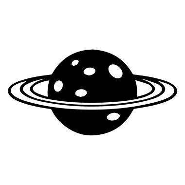 Beyaz arkaplanda halkaları olan bir gezegenin siyah-beyaz vektör simgesi.