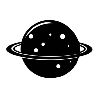 Beyaz arkaplanda halkaları olan bir gezegenin basit bir siyah-beyaz vektör çizimi.