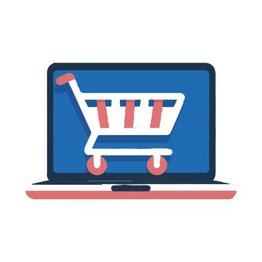 Beyaz bir alışveriş arabası simgesinin vektör sanatı beyaz arkaplanda izole edilmiş mavi bir dizüstü bilgisayarda gösterilir