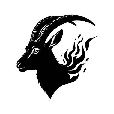 Görkemli bir siyah keçi baş siluetinin vektör sanatı. Beyaz arka planda izole edilmiş alevler.
