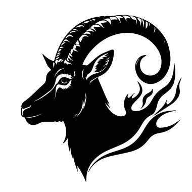 Görkemli bir siyah keçi baş siluetinin vektör sanatı. Beyaz arka planda izole edilmiş alevler.