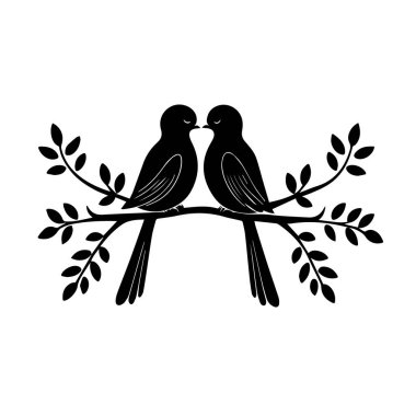 İki siyah kuşun vektör sanatı bir dala tünemiş, birbirine dönük, beyaz arka planda izole edilmiş.