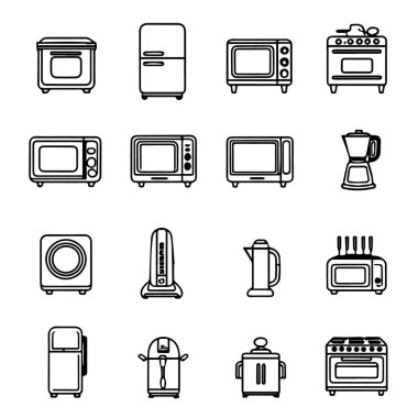 Beyaz arka planda çeşitli mutfak aletleri ve ev elektroniklerini temsil eden siyah beyaz taslak simge koleksiyonu