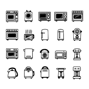 Modern tasarım için çeşitli mutfak aletleri ve ev elektroniklerini temsil eden siyah beyaz taslak simgelerinin toplanması