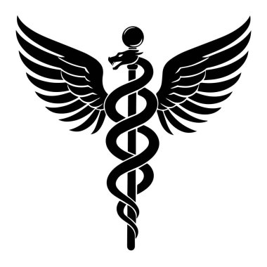 Kanatlı bir caduceus sembolünün siyah silueti. Asası ejderha kafası ve küreyle sarılı bir yılan sembolü.