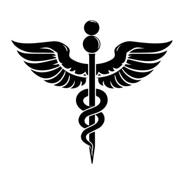 Kanatları olan stilize siyah caduceus sembolü ve beyaz arka planda sarmalanmış bir yılan tıbbı ve iyileştirmeyi temsil ediyor.