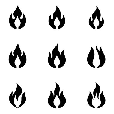 Beyaz arkaplanda 3 'e 3 ızgara şeklinde dizilmiş 9 farklı siyah alev simgesi koleksiyonu