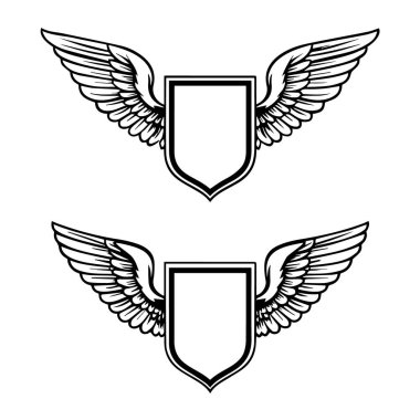 Temiz beyaz arka planda tüylü kanatları olan iki stilize siyah ve beyaz kraliyet kalkanı.