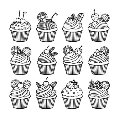 Vişne, çilek ve turunçgil dilimleri gibi çeşitli malzemelerle çizilmiş on iki el siyah beyaz kapkek koleksiyonu.