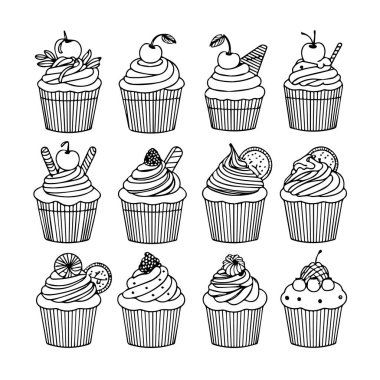 Beyaz arka planda vişne ve kurabiye gibi çeşitli malzemeler içeren on iki el çizilmiş siyah beyaz kapkek koleksiyonu