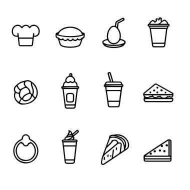 Yemek ve içecek öğelerini temsil eden basit sanat simgeleri seti. Şefin şapkası, turta, çörek sandviçi ve bir dilim pasta da dahil.