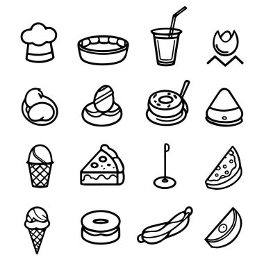 Çeşitli yemek malzemelerini ve bir şef şapkasını temsil eden siyah beyaz çizgili sanat simgelerinden oluşan bir koleksiyon.