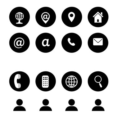 İletişim bilgilerini temsil eden siyah ve beyaz dairesel simgelerin toplanması, e-posta konumu ev telefonu ve kişi sembolleri de dahil