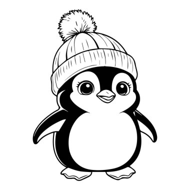 Beyaz arka planda izole edilmiş kış şapkası takan sevimli bir penguenin vektör sanatı