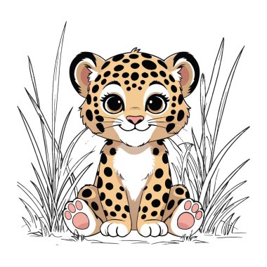 Leopar yavrusunun vektör sanatı beyaz arka planda çimlerin üzerinde izole bir şekilde duruyor.
