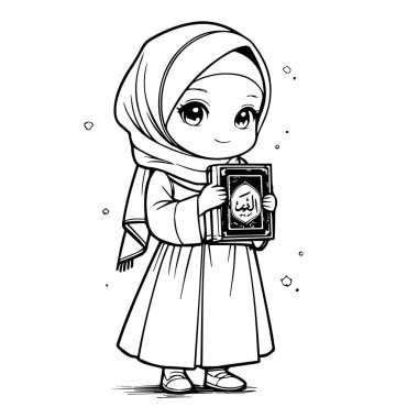 Beyaz arka planda Kur 'an' ı olan tatlı Müslüman bir kızın vektör sanatı