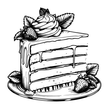 Beyaz arka planda izole edilmiş kremalı ve çilekli katmanlı pasta vektör sanatı