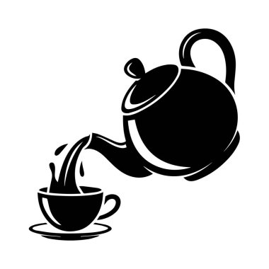 Çaydanlığın vektör sanatı beyaz arka planda izole edilmiş bir fincana çay doldurur.