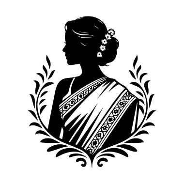 Beyaz arka planda çiçek desenli sari içinde zarif bir kadın vektör sanatı.