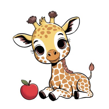 Şirin bir bebek zürafasının vektör sanatı beyaz arka planda izole edilmiş bir elmayla oturur.