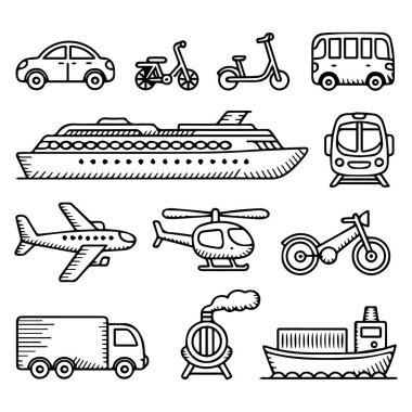 Çeşitli taşıma şekillerinin vektör sanatı beyaz arkaplanda izole edilmiştir