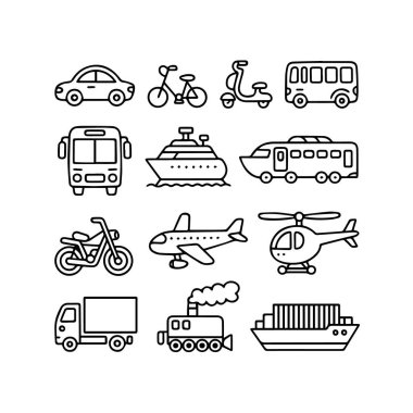 Çeşitli taşıma şekillerinin vektör sanatı beyaz arkaplanda izole edilmiştir