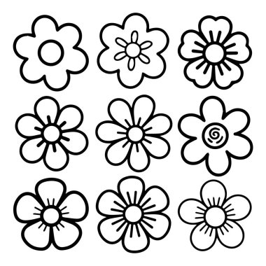 Beyaz arkaplanda izole edilmiş dokuz farklı çiçek tasarımından oluşan bir koleksiyon vektör sanatı