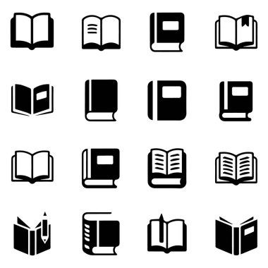 16 farklı siyah kitap ve açık kitap ikonu koleksiyonu; basit, cesur, minimalist stil; eğitim, okuma ve bilgi kavramları için mükemmel.